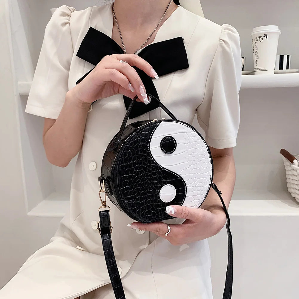 Women Tai Chi Messenger Bags Small PU Leather Round Shoulder Bags