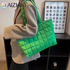 Women Quilted Tote Bag Rhombus Pattern Shoulder Handbag