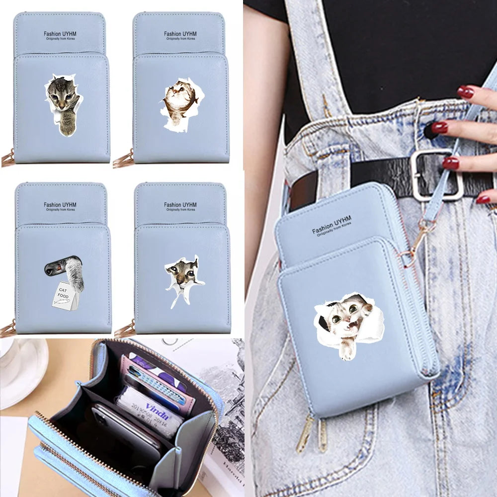 Women Wallets Card Pack Touch Screen Mobile Phone Bag Cat Print Storage Purse