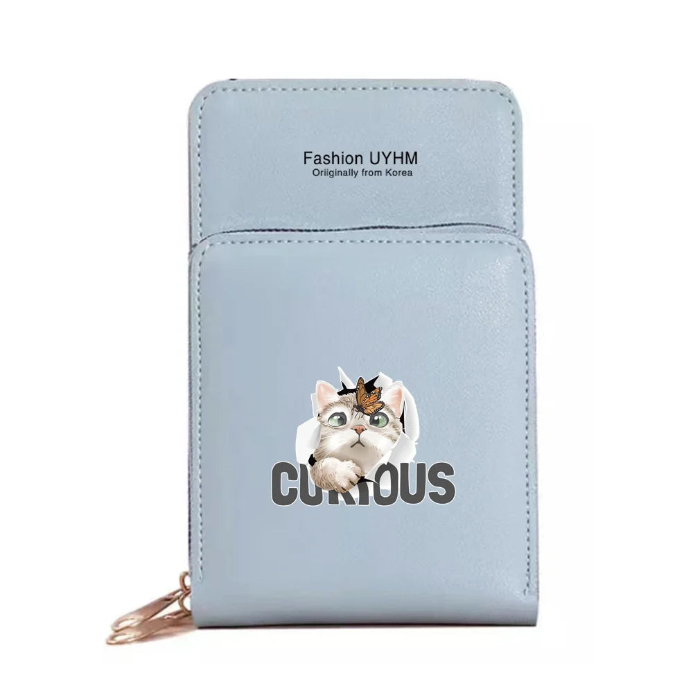 Women Wallets Card Pack Touch Screen Mobile Phone Bag Cat Print Storage Purse