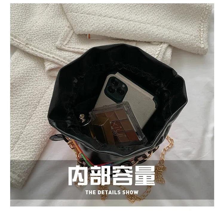 Printed Bucket Bag Chain Strip Messenger Single Shoulder Small Bag