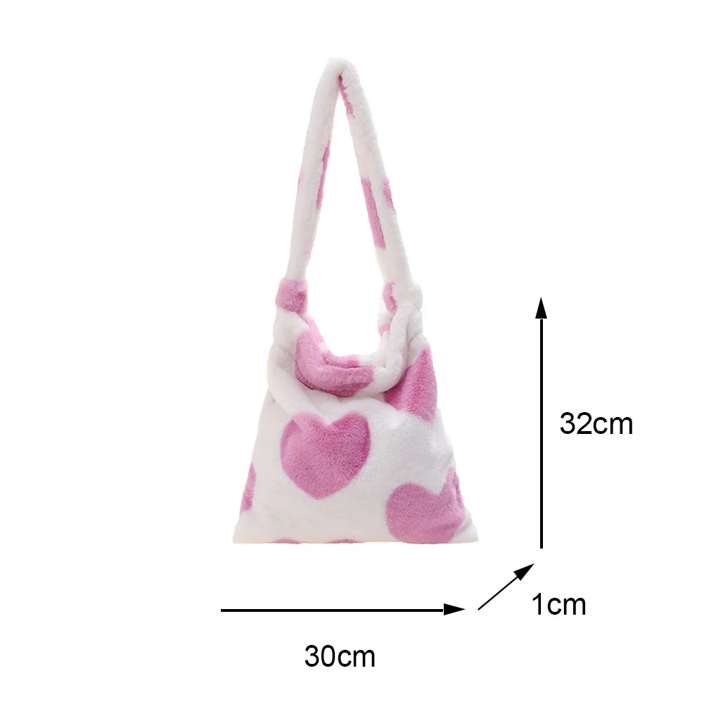 Women's Heart Print Plush Shoulder Bag Winter Handbag