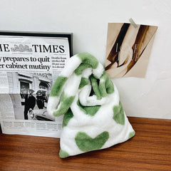 Women's Heart Print Plush Shoulder Bag Winter Handbag