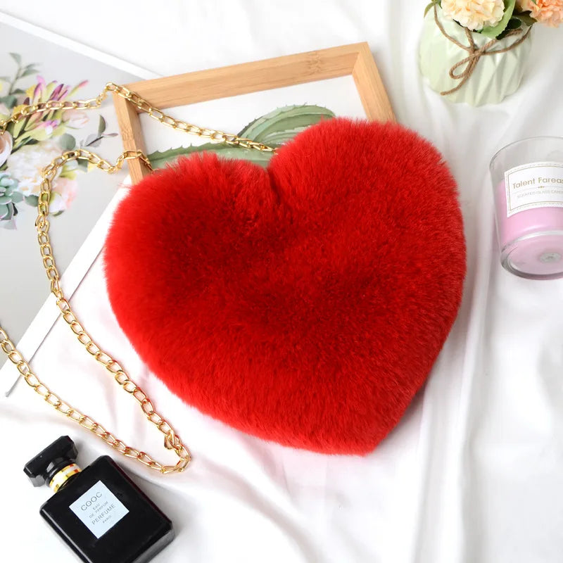 Women's Heart Shaped Faux Fur Crossbody Wallet Purse Chain Shoulder Bag