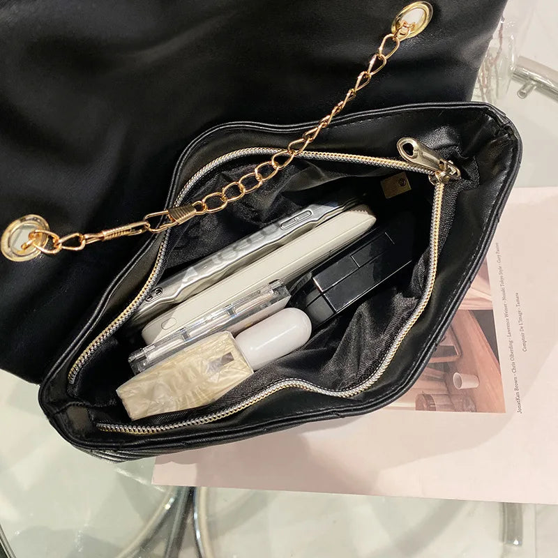 Women's Chain Shoulder Bag PU Leather Tote Embroidered Handbag