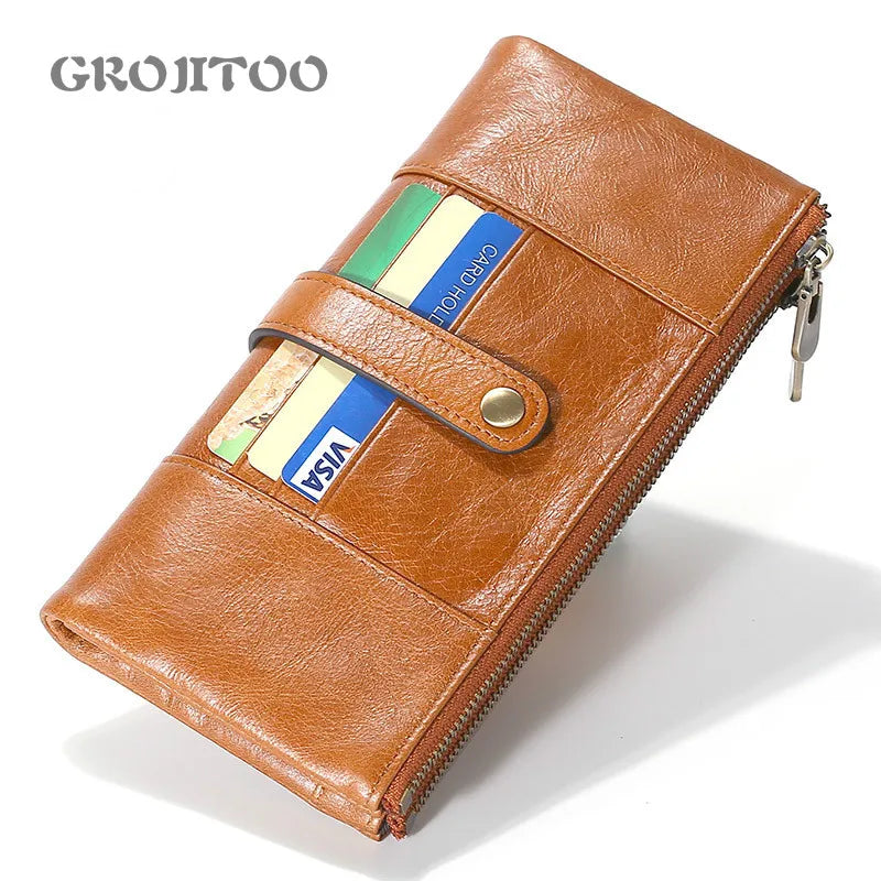 Men's Long Leather Wallet RFID Double Zipper Multi-functional Purse