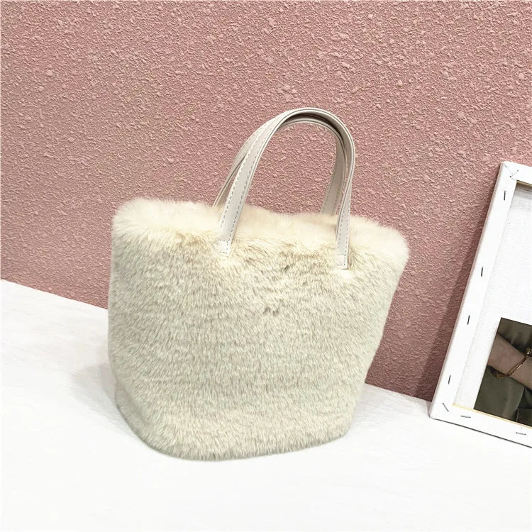 Winter Plush Female Shoulder Bag Small Tote Bag Purse Solid