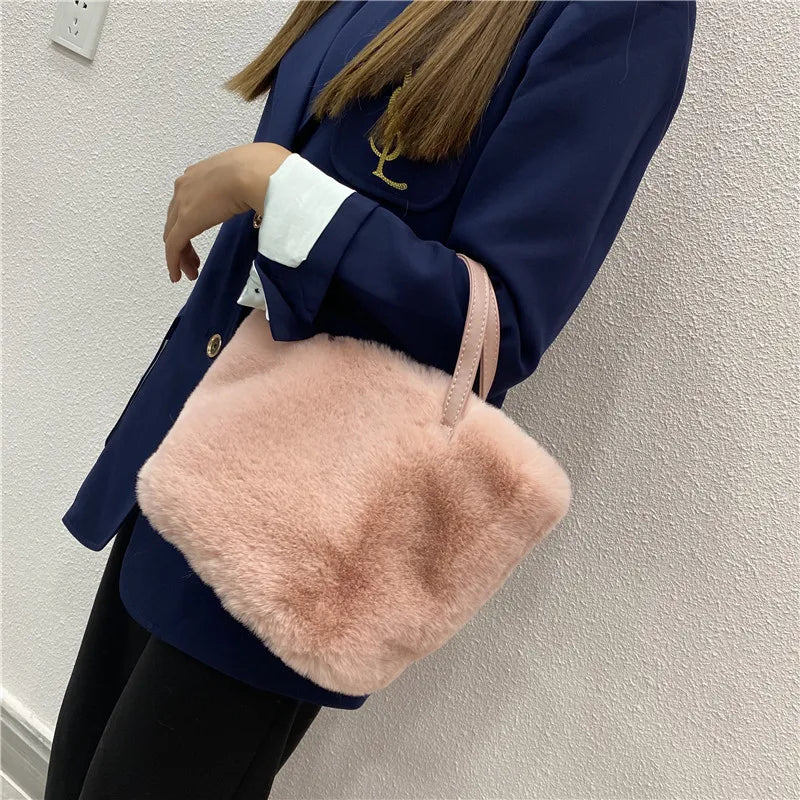 Winter Plush Female Shoulder Bag Small Tote Bag Purse Solid