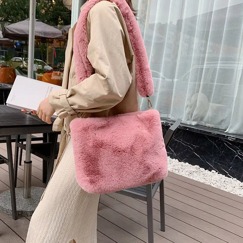 Soft Plush Faux Fur Handbag for Women Large Capacity Shopping Bag