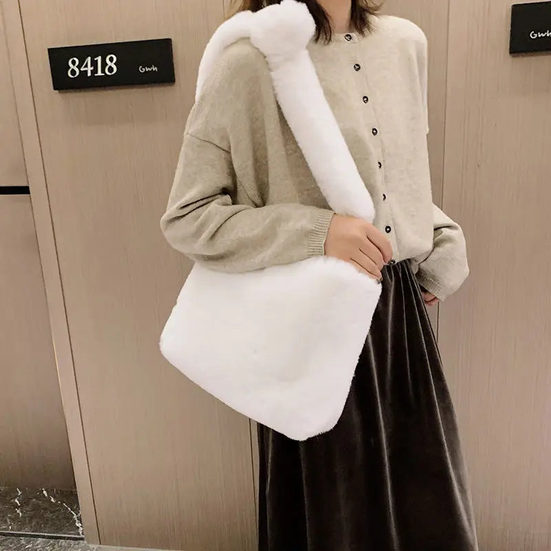 Soft Plush Faux Fur Handbag for Women Large Capacity Shopping Bag