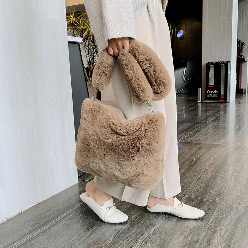 Soft Plush Faux Fur Handbag for Women Large Capacity Shopping Bag