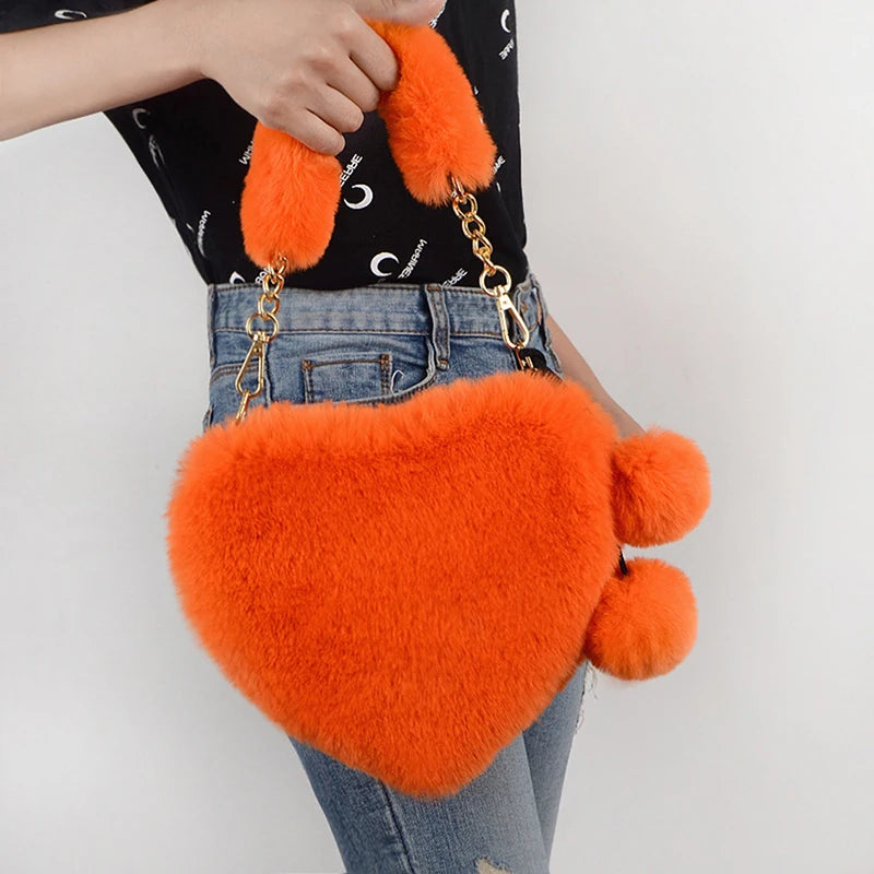Plush Heart Shaped Shoulder Bag Faux Fur Winter Women Handbags