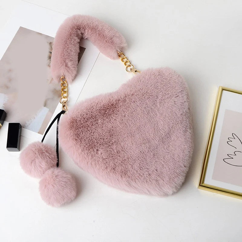 Plush Heart Shaped Shoulder Bag Faux Fur Winter Women Handbags