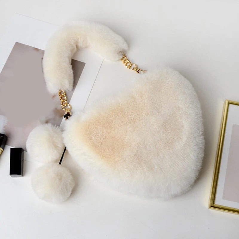 Plush Heart Shaped Shoulder Bag Faux Fur Winter Women Handbags