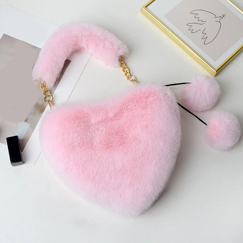 Plush Heart Shaped Shoulder Bag Faux Fur Winter Women Handbags