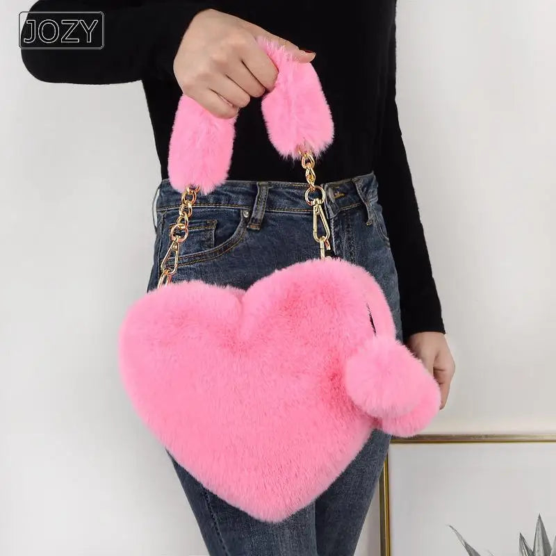 Plush Heart Shaped Shoulder Bag, Faux Fur Women Handbag for Winter