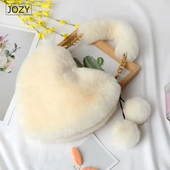 Plush Heart Shaped Shoulder Bag, Faux Fur Women Handbag for Winter