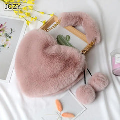 Plush Heart Shaped Shoulder Bag, Faux Fur Women Handbag for Winter