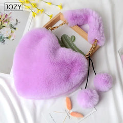 Plush Heart Shaped Shoulder Bag, Faux Fur Women Handbag for Winter