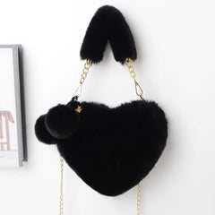 Faux Fur Heart Shaped Shoulder Bag Women Clutch Purse Chain Messenger Bag