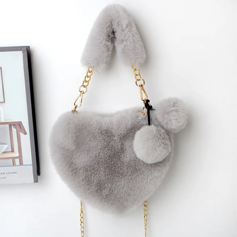 Faux Fur Heart Shaped Shoulder Bag Women Clutch Purse Chain Messenger Bag