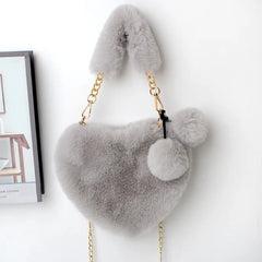 Faux Fur Heart Shaped Shoulder Bag Women Clutch Purse Chain Messenger Bag