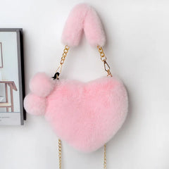 Faux Fur Heart Shaped Shoulder Bag Women Clutch Purse Chain Messenger Bag