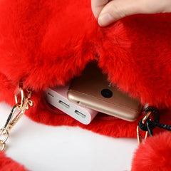 Faux Fur Heart Shaped Shoulder Bag Women Clutch Purse Chain Messenger Bag