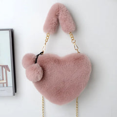Faux Fur Heart Shaped Shoulder Bag Women Clutch Purse Chain Messenger Bag