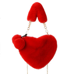 Faux Fur Heart Shaped Shoulder Bag Women Clutch Purse Chain Messenger Bag