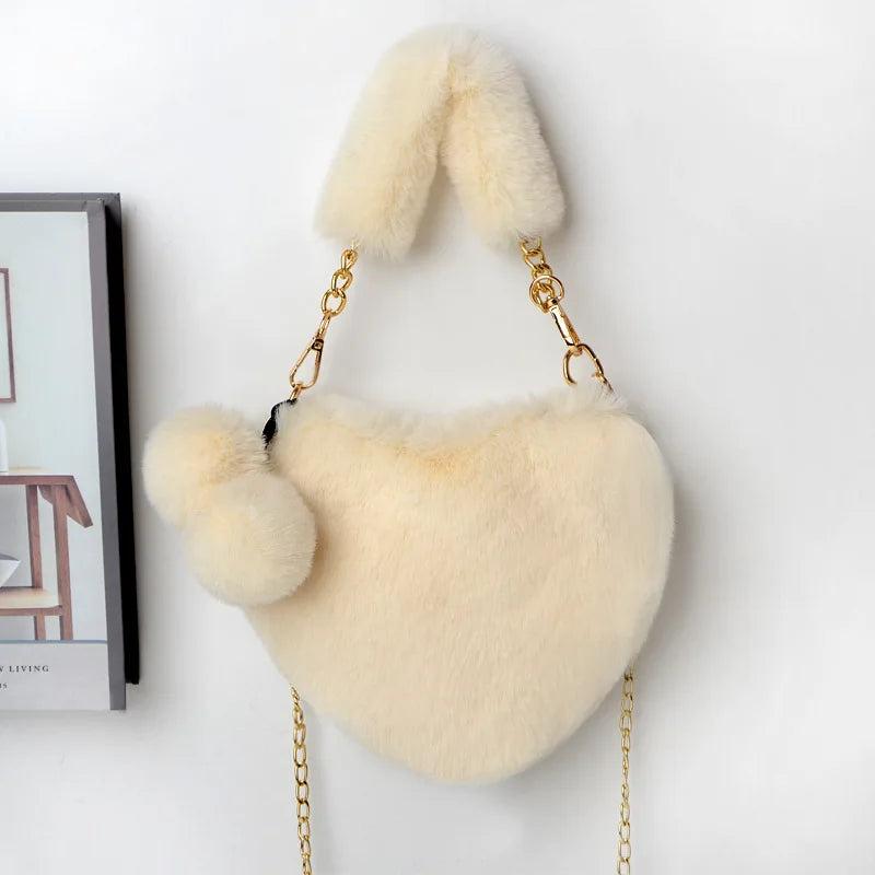 Faux Fur Heart Shaped Shoulder Bag Women Clutch Purse Chain Messenger Bag