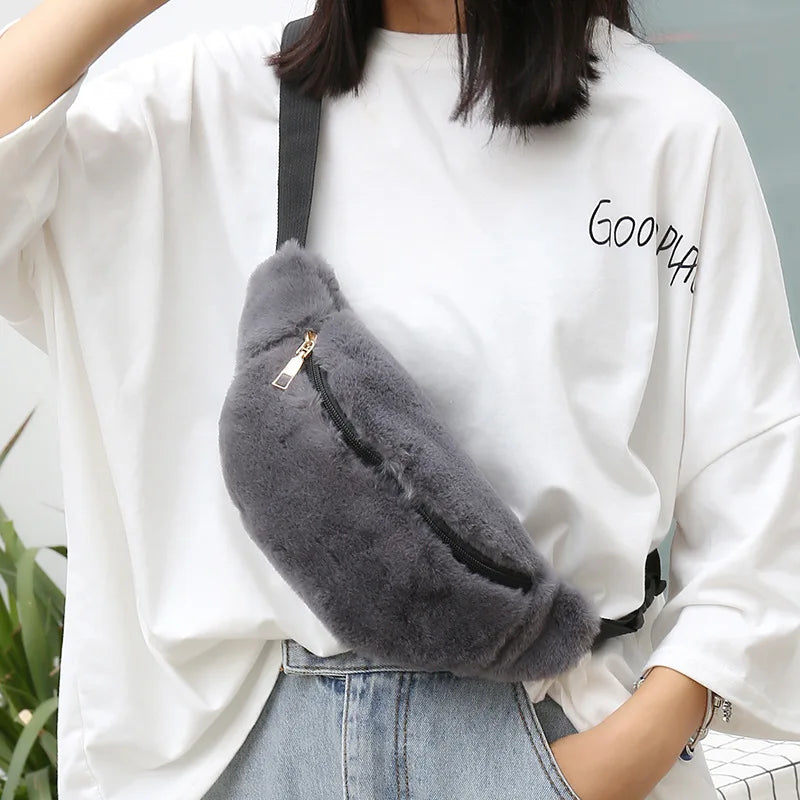 Faux Rabbit Fur Fanny Pack Waist Bag Men Women Travel Plush Hip Bag