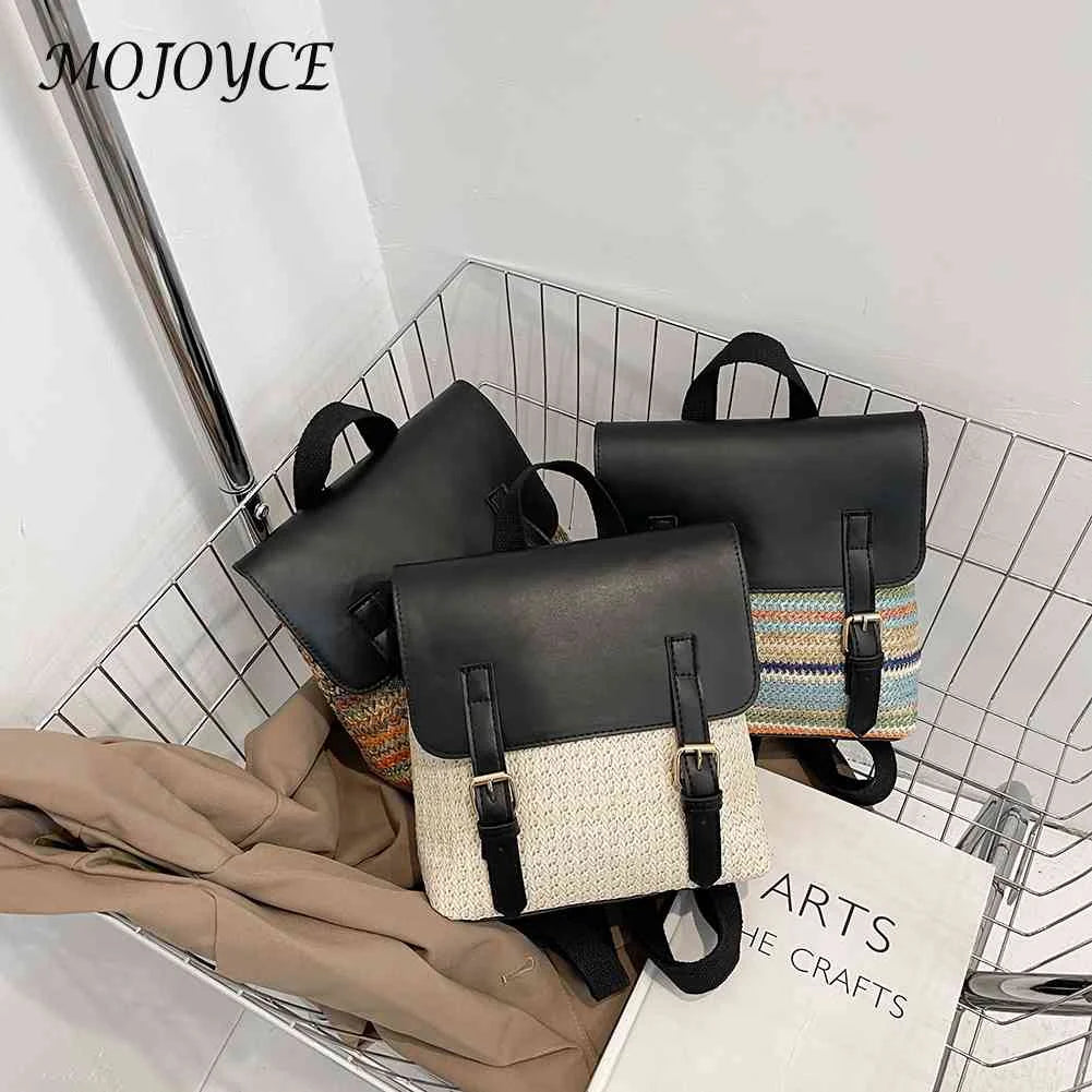 Straw PU Leather Vintage Female Backpack Pack Daypack Student Bag