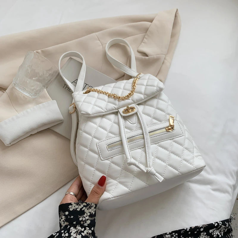 Women's Diamond Lattice Backpack Chains Shoulder Bag