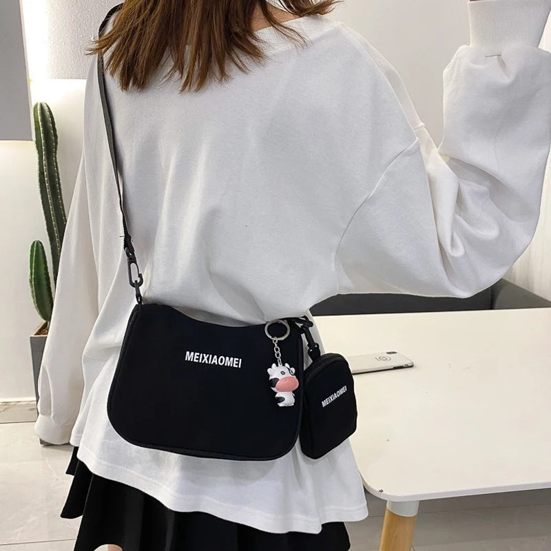 Women's Canvas Shoulder Bags with Mini Purse Pendant Set