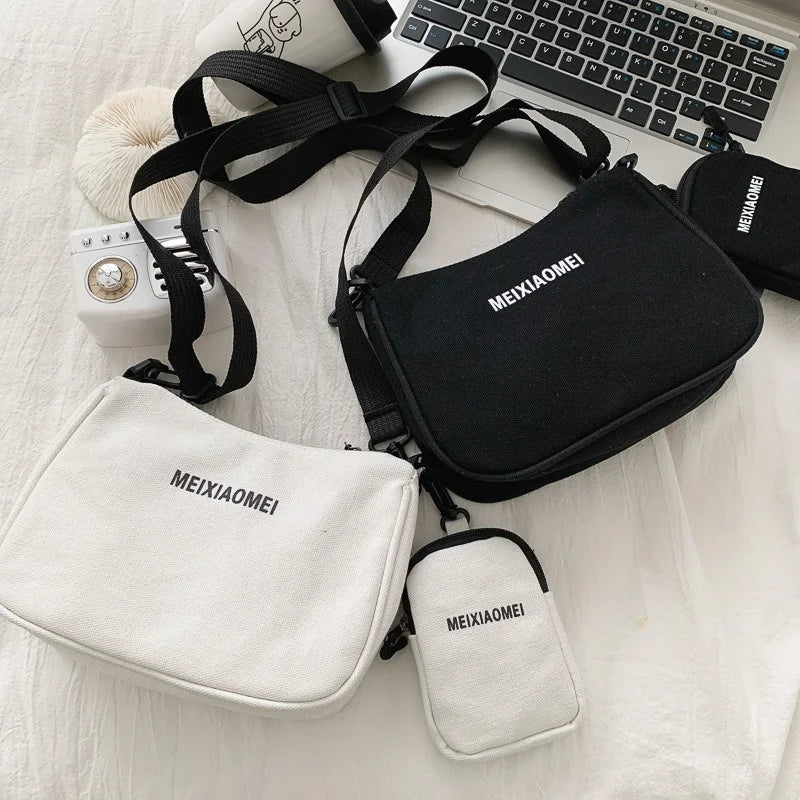 Female Canvas Solid Letter Shoulder Bags with Mini Purse Pendant