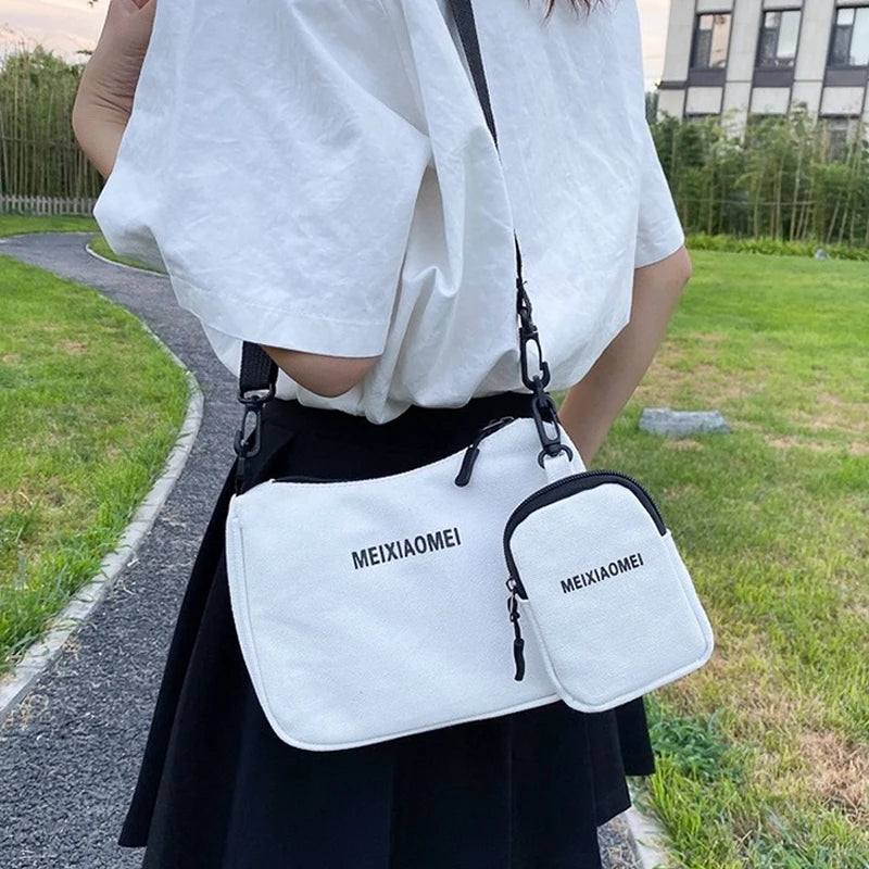 Women's Canvas Shoulder Bags with Mini Purse Pendant Set