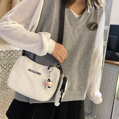 Female Canvas Solid Letter Shoulder Bags with Mini Purse Pendant