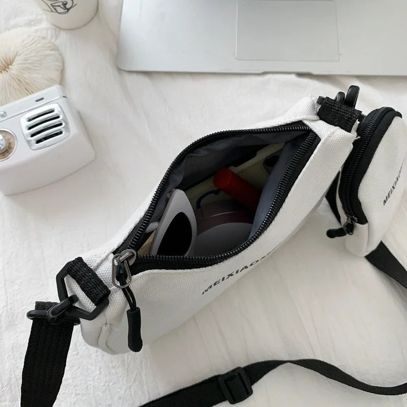 Female Canvas Solid Letter Shoulder Bags with Mini Purse Pendant