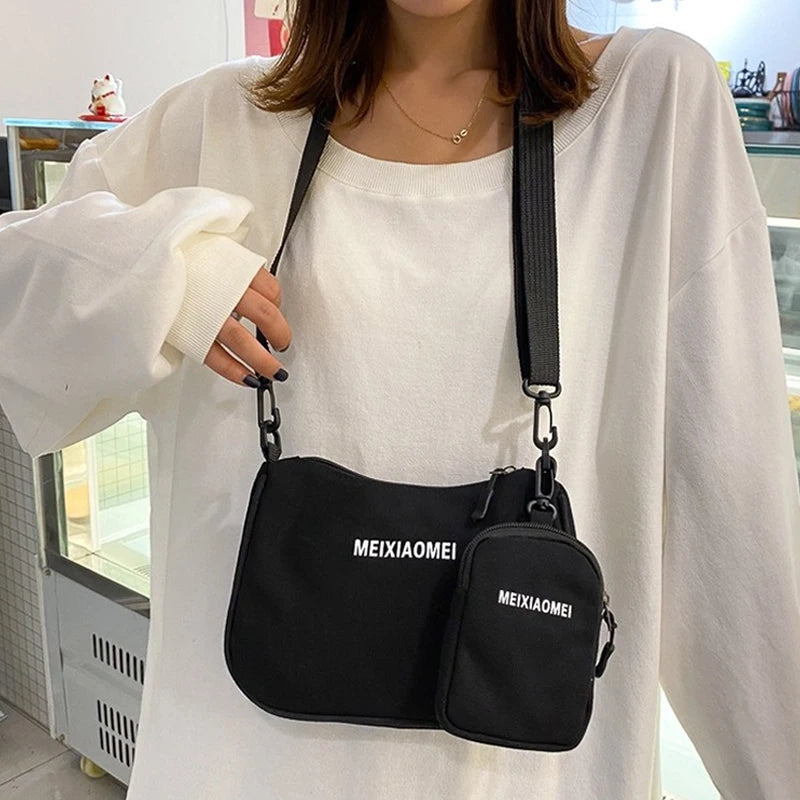 Women's Canvas Shoulder Bags with Mini Purse Pendant Set