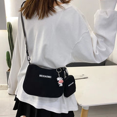 Female Canvas Solid Letter Shoulder Bags with Mini Purse Pendant