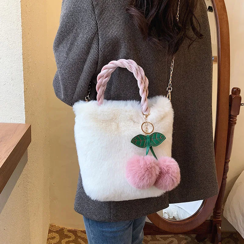 Women's Plush Faux Fur Cherry Pendant Handbag Chain Mini Top-handle Bag