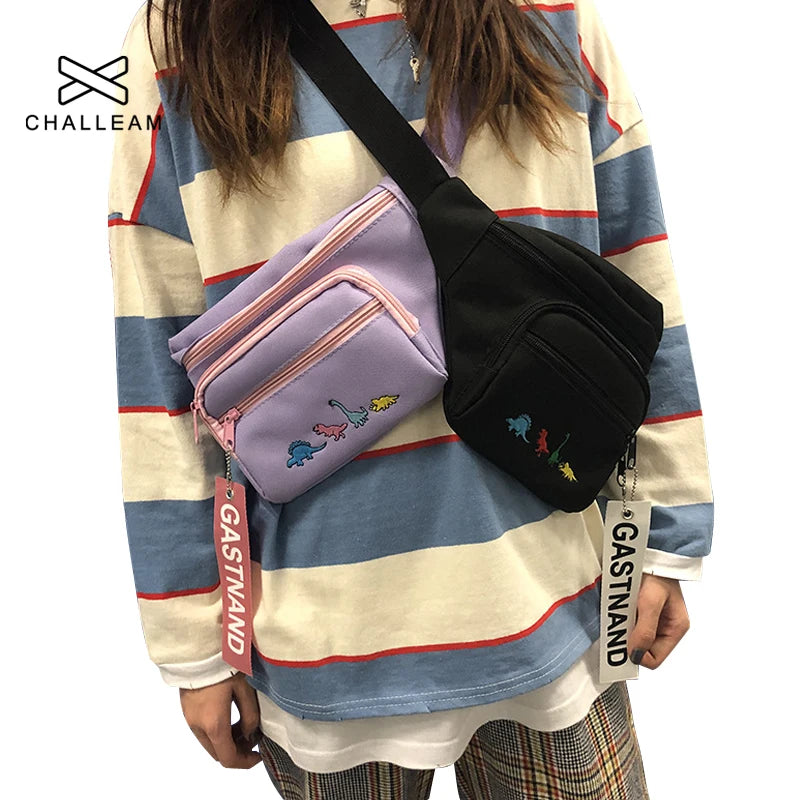 Female Dino Embroidery Waist Bag Large Harajuku Purp