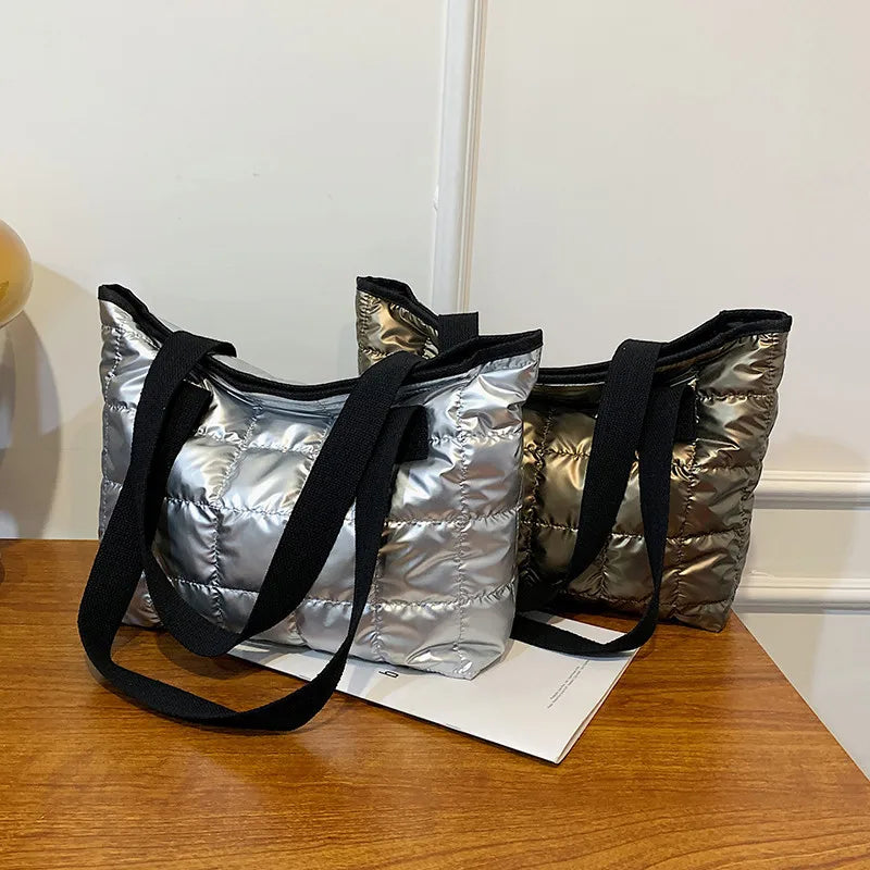 Large Silver Shoulder Bag for Women's Winter Tote with Zipper