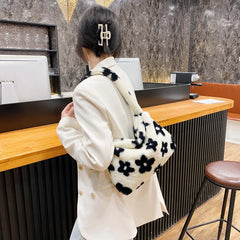 Floral Print Faux Fur Tote Bag Soft Plush Shoulder Bag