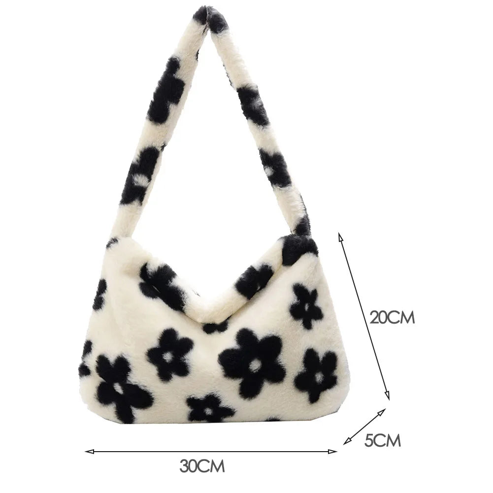 Floral Print Faux Fur Tote Bag Soft Plush Shoulder Bag
