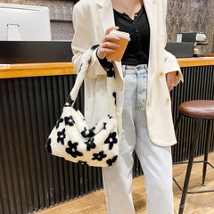 Floral Print Faux Fur Tote Bag Soft Plush Shoulder Bag
