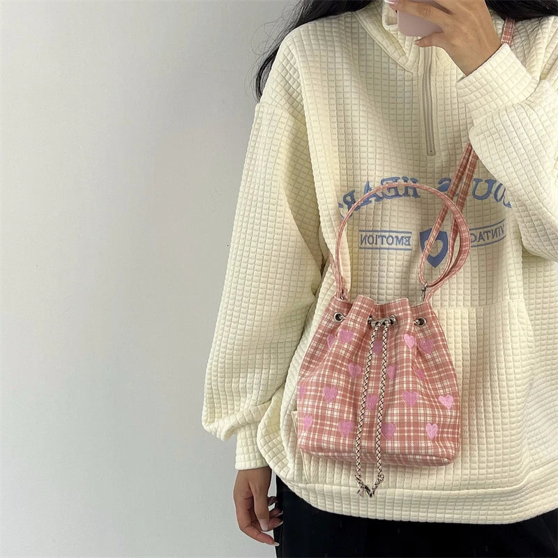 Embroidered Girls Drawstring Messenger Bag Plaid Bucket Shoulder Purse