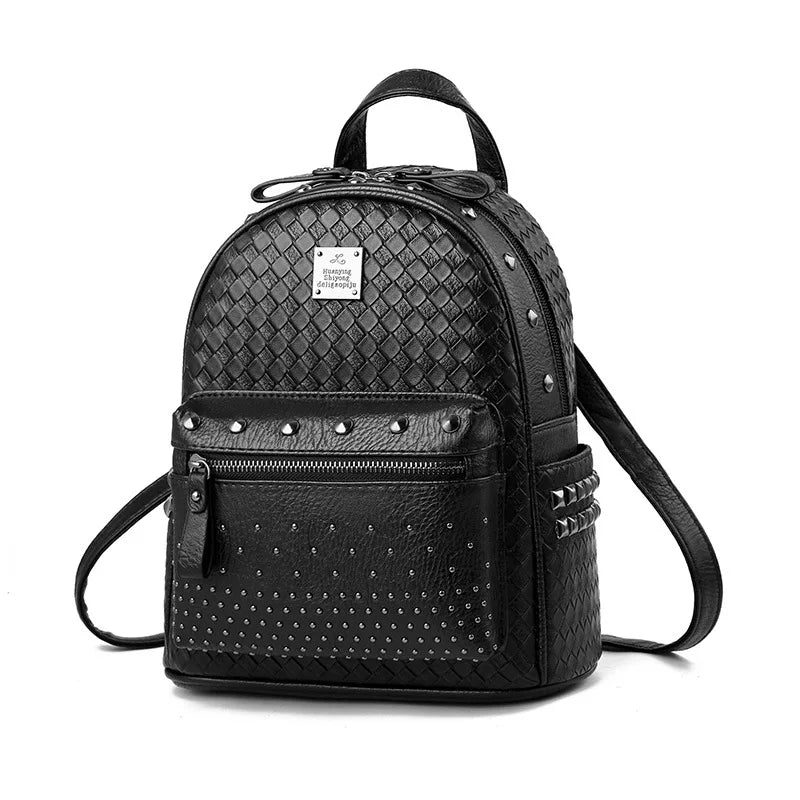 Female PU Leather Woven Travel Backpack Small Rivet Bag