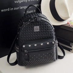 Female PU Leather Woven Travel Backpack Small Rivet Bag